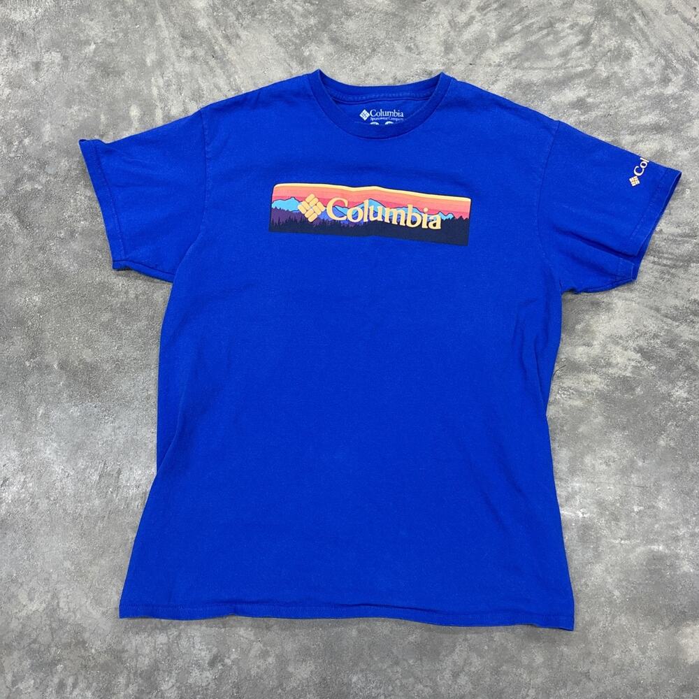 Columbia Mens T Shirt Medium Cotton Graphic Print Blue Short Sleeve Summer Logo